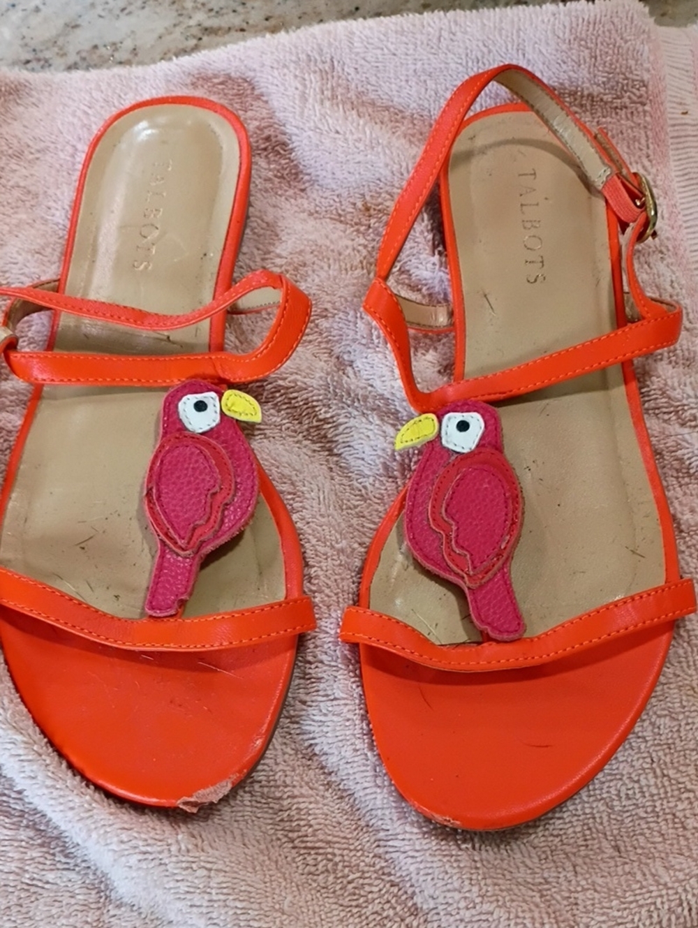 Talbots Orange Sandals with Pink Parrot Appliqués